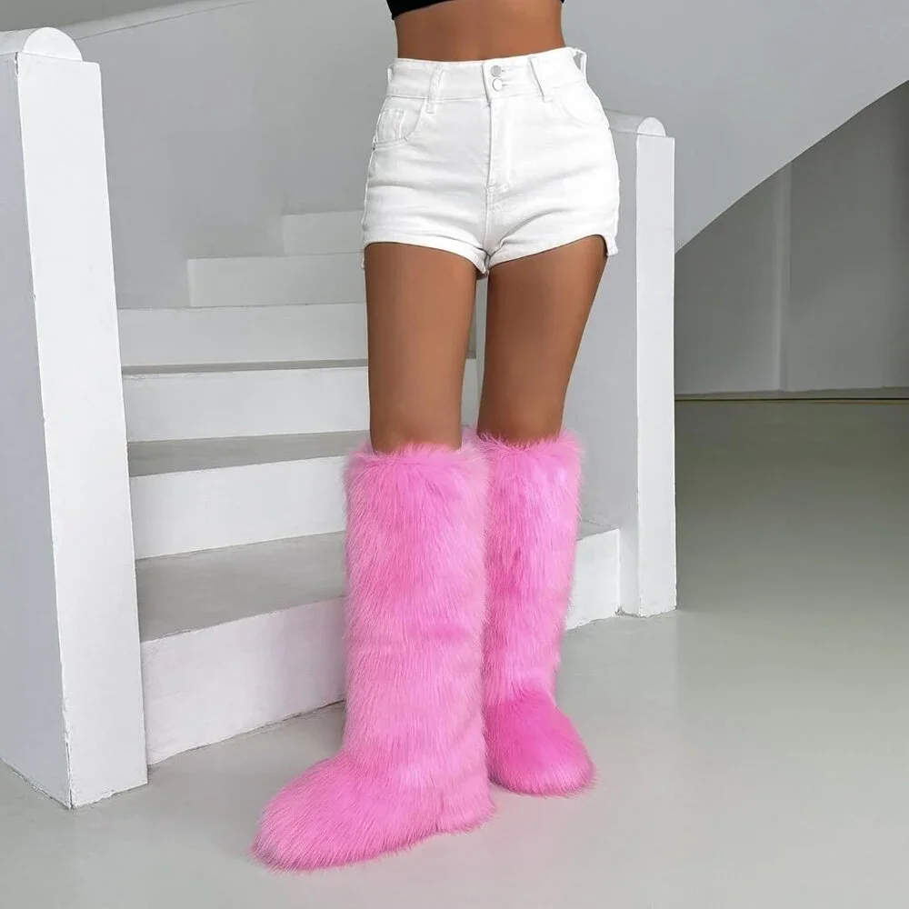 ⚡Women Pink Faux Fur Fluffy Cosy Round Toe Knee High Warm Outdoor Fur Boot